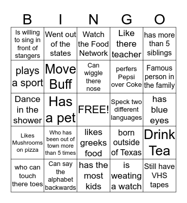 Get to Know Me Bingo Card
