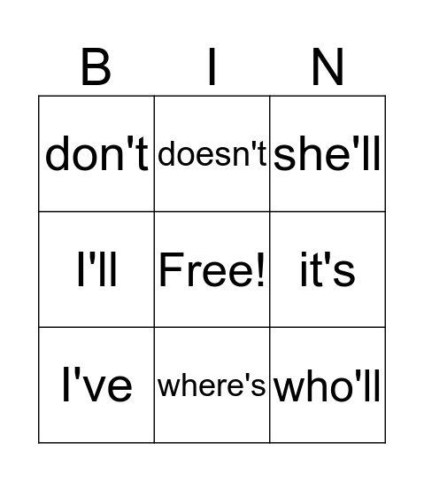 CONTRACTIONS Bingo Card