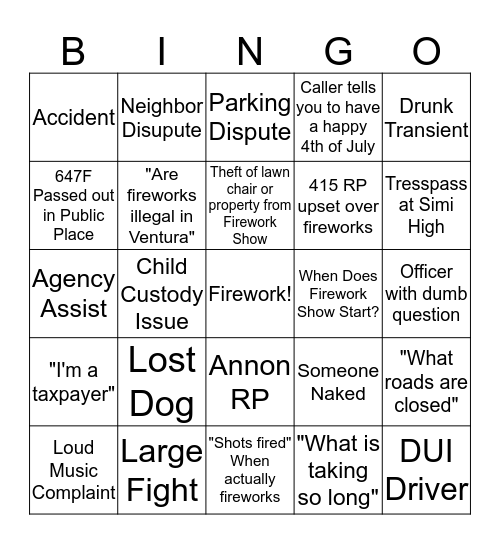 4th of July Bingo Card