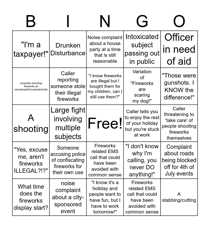 police officer 4th of july bingo
