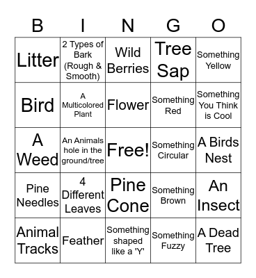 Nature Scavenger Hunt Bingo Card