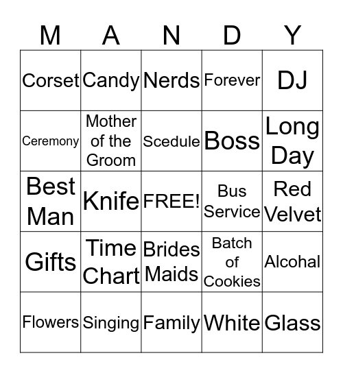 BRIDAL SHOWER BINGO Card