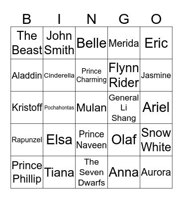 Disney Characters Bingo Card