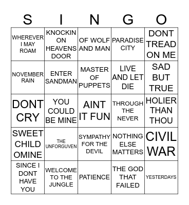 073 GUNNERS VS METALLICA Bingo Card