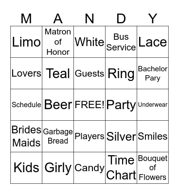 BRIDAL SHOWER BINGO Card