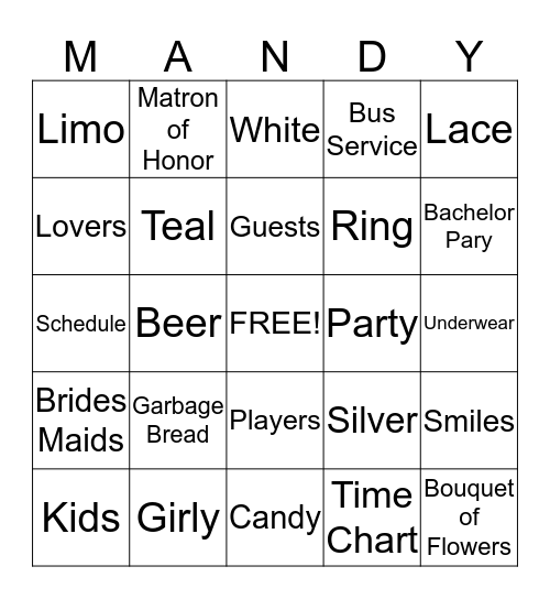 BRIDAL SHOWER BINGO Card