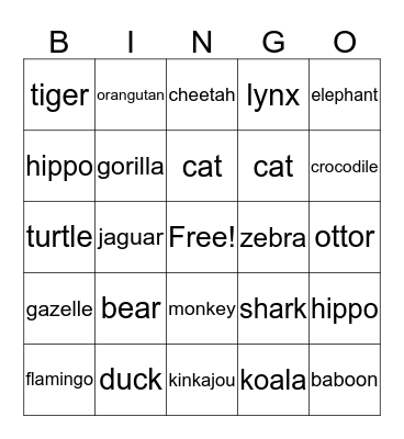 Animals  Bingo Card