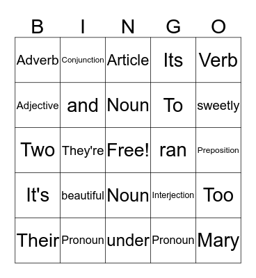 Parts of Speech Bingo Card