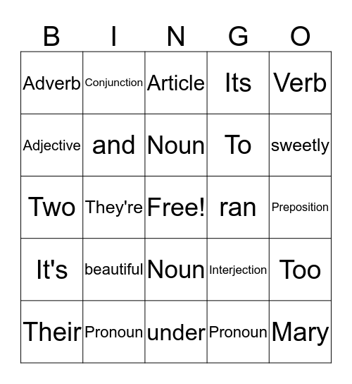 Parts of Speech Bingo Card