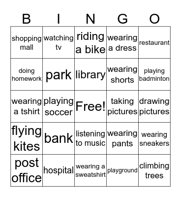 Activities and Going Places Bingo Card