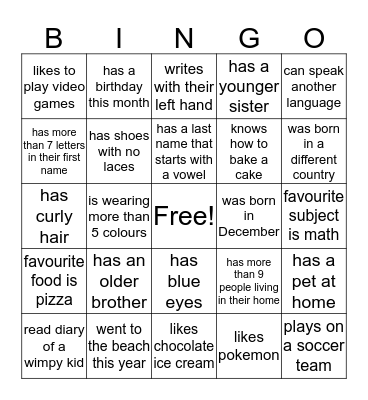 class bingo Card