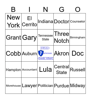 Patterson Family Bingo Card
