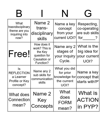 PYP KEY CONCEPTS AND SKILLS Bingo Card