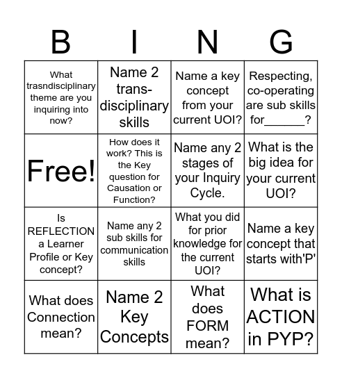 PYP KEY CONCEPTS AND SKILLS Bingo Card