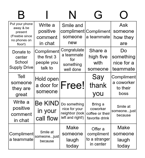 Kindness Initiative BINGO  Bingo Card