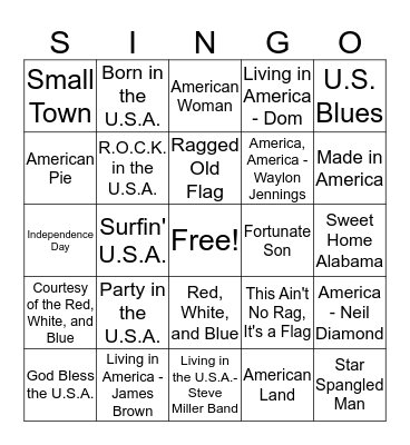 Patriotic Singo Bingo Card