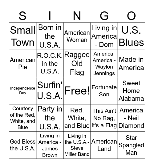 Patriotic Singo Bingo Card