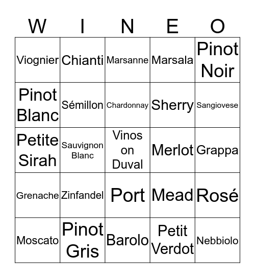 Vinos Wine Bingo Card