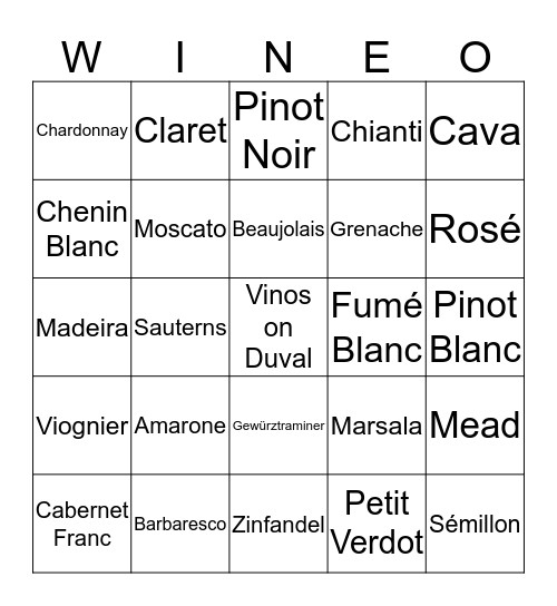 Vinos Wine Bingo Card