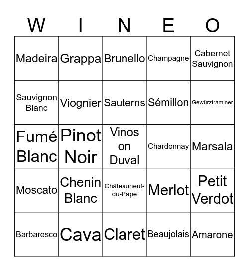 Vinos Wine Bingo Card
