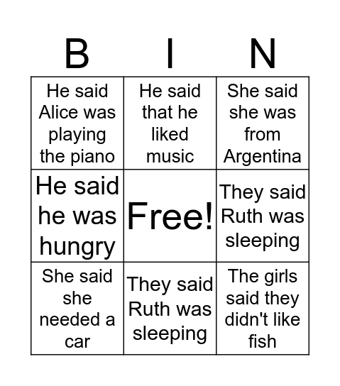 Reported Speech Bingo! Bingo Card