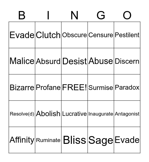 VOCAB Bingo Card