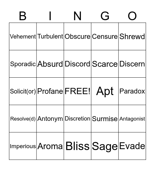 VOCAB Bingo Card