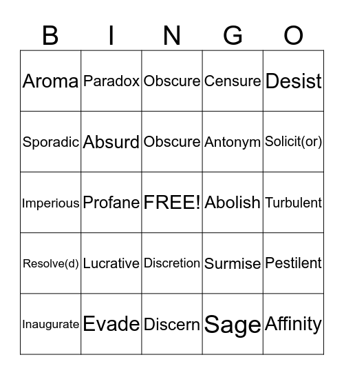 VOCAB Bingo Card