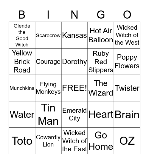 Wizard of Oz  Bingo Card