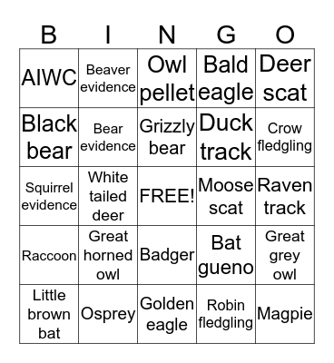 Animal Bingo Card