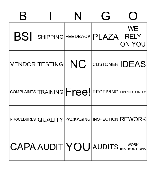 QUALITY WEEK Bingo Card