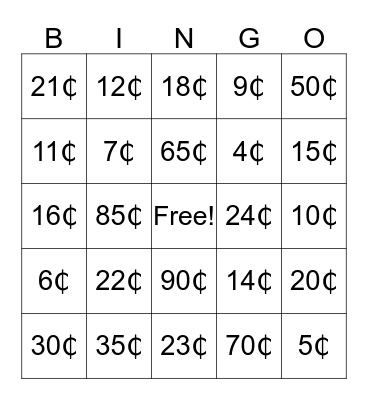 Counting Money Bingo Card