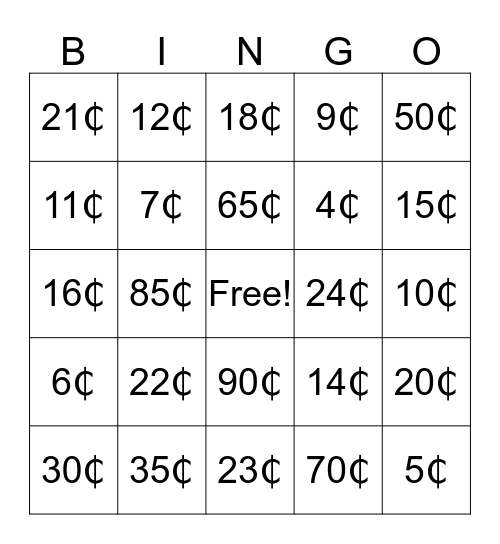 Counting Money Bingo Card