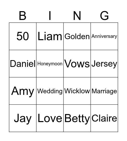 Golden Wedding Anniversay Bingo Card