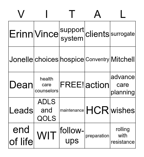 VITAL DECISIONS Bingo Card