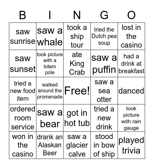 Alaska cruise Bingo Card