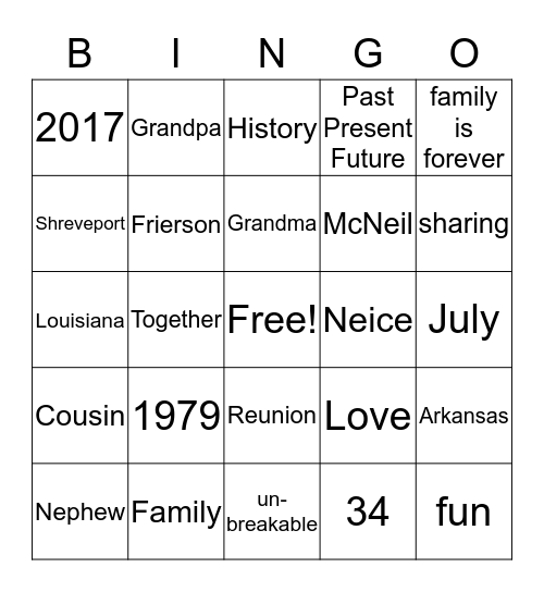 FRIERSON FAMILY REUNION Bingo Card