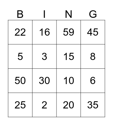 Number Bingo Card