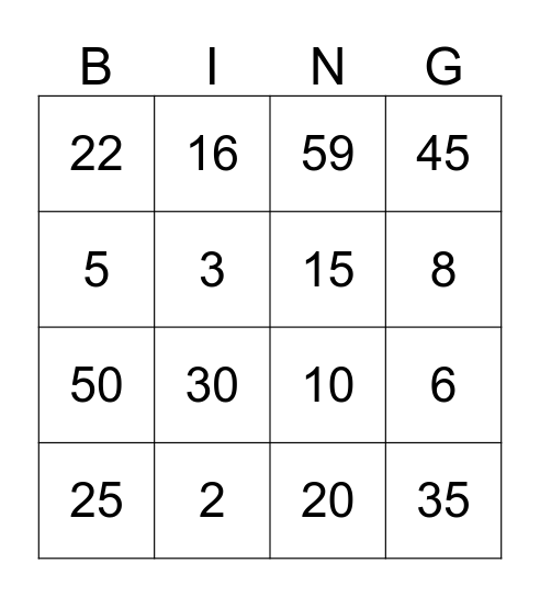 Number Bingo Card