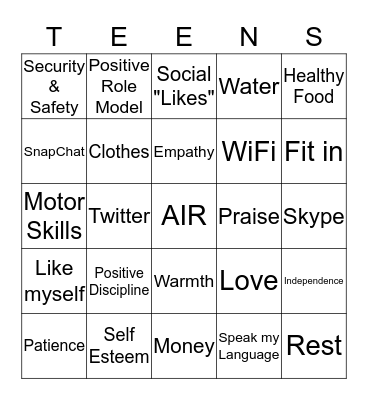 Heirarchy of needs Bingo Card