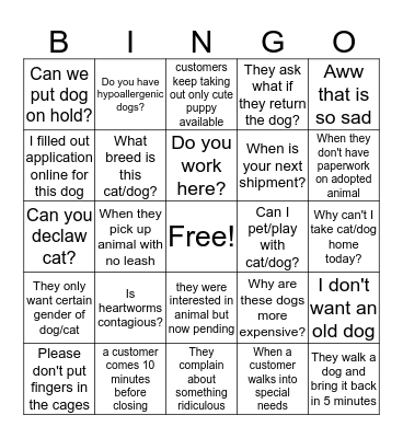 Kennel staff bingo Card