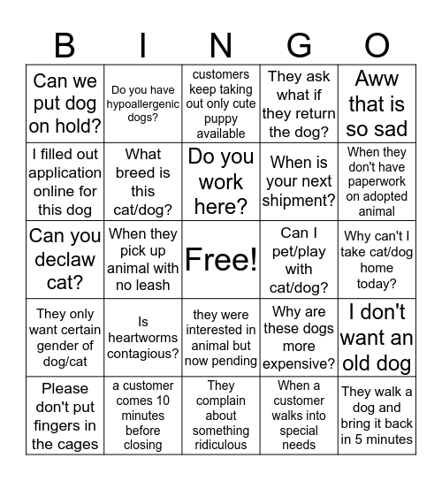 Kennel staff bingo Card