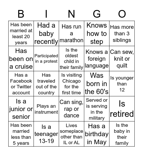 Find Someone Who.......... Bingo Card