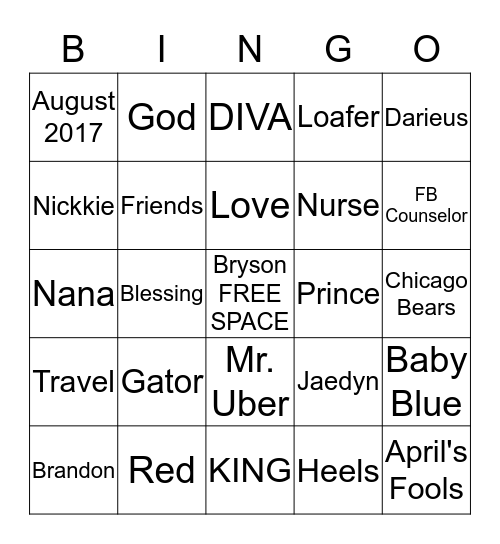 Prince Bryson Bingo Card