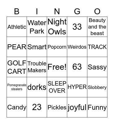 Back Yard Movie Party Bingo Card
