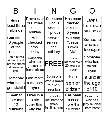 2013 Stanley-Lyons Family Reunion Bingo Card