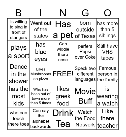 Get to Know Me Bingo Card