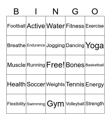 Fitness Word Bingo  Bingo Card