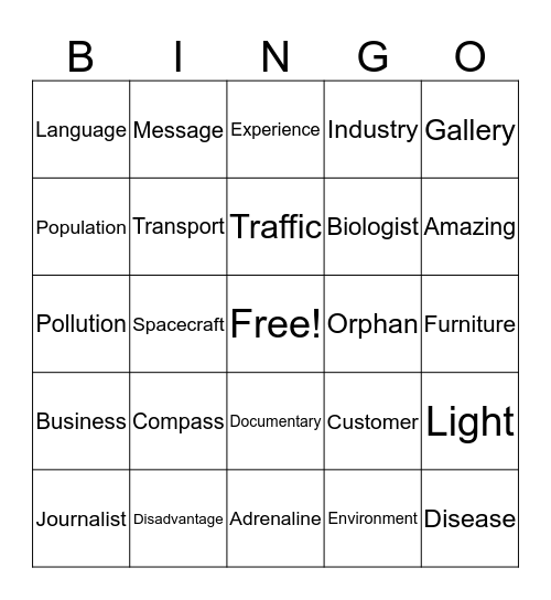 life 2 Bingo Card