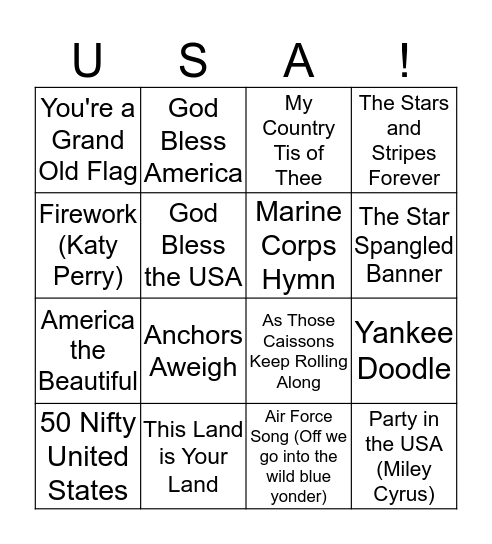 Patriotic Tune Bingo Card